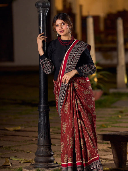 Maroon Ajrakh Print Cotton Saree with Bold Geometric Border