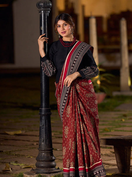 Maroon Ajrakh Print Cotton Saree with Bold Geometric Border