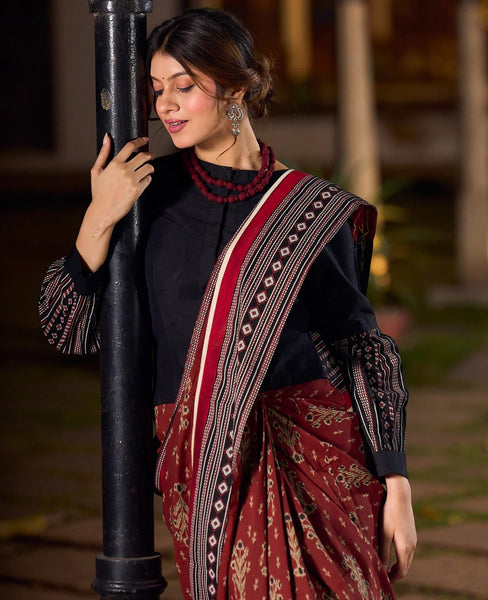 Maroon Ajrakh Print Cotton Saree with Bold Geometric Border