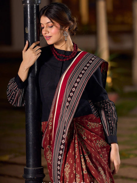 Maroon Ajrakh Print Cotton Saree with Bold Geometric Border