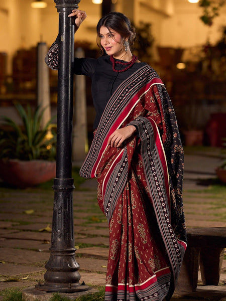 Maroon Ajrakh Print Cotton Saree with Bold Geometric Border