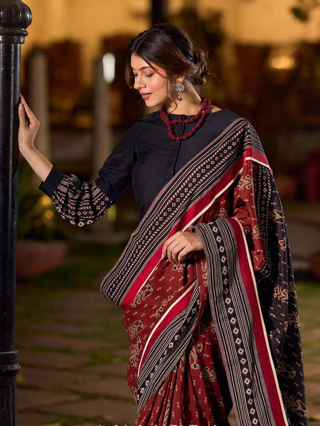 Maroon Ajrakh Print Cotton Saree with Bold Geometric Border