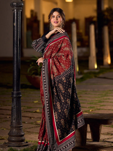 Maroon Ajrakh Print Cotton Saree with Bold Geometric Border