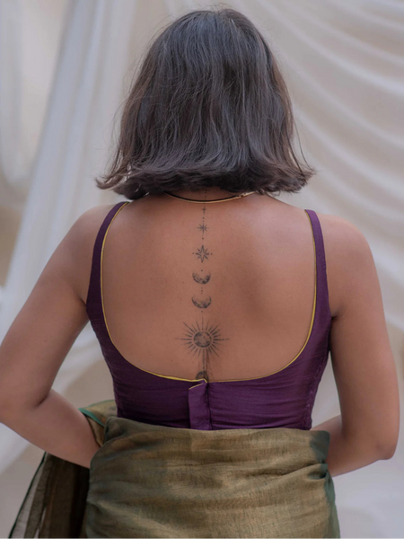 Reversible sleeveless padded U-neck blouse in plain purple and green buti viscose with stretchable versatile blouse