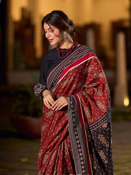 Maroon Ajrakh Print Cotton Saree with Bold Geometric Border