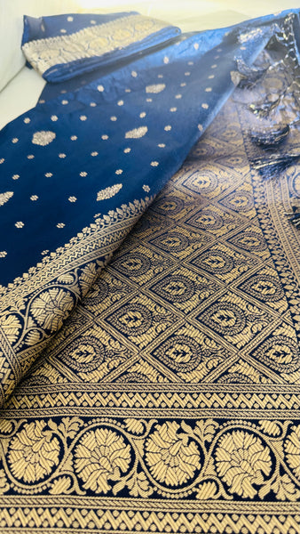 Navy Blue and Gold Pure Tussar Crepe Silk Saree