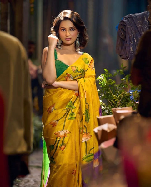 Mustard & Purple Bishnupuri Silk Saree with Handcrafted Floral Motifs