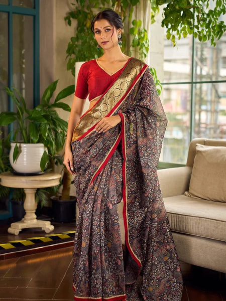 Dark Grey All-Over Kalamkari Floral Chanderi Saree with Gold Woven Zari Border & Maroon Hem Accent