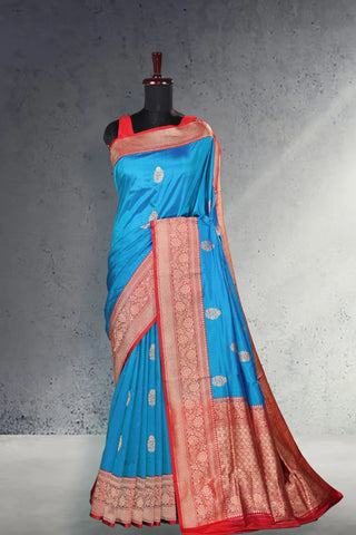 Sky Blue Soft Banarasi Pattu Katan Silk Saree with Zari weaves with Red Border