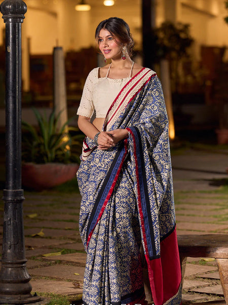 Navy Floral Printed Cotton Saree with Contrasting Pallu