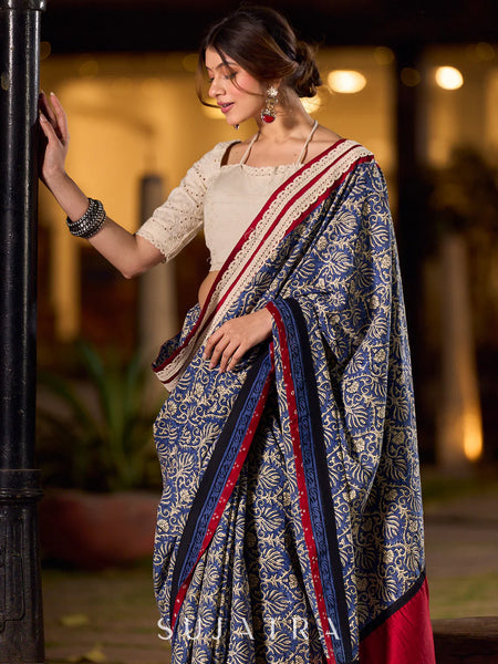 Navy Floral Printed Cotton Saree with Contrasting Pallu