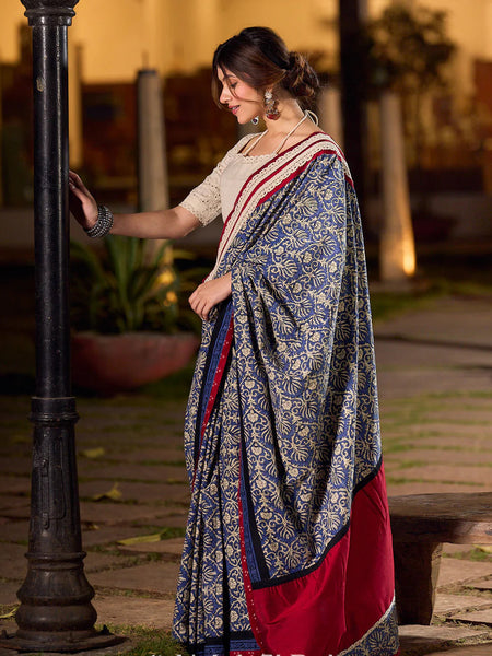Navy Floral Printed Cotton Saree with Contrasting Pallu