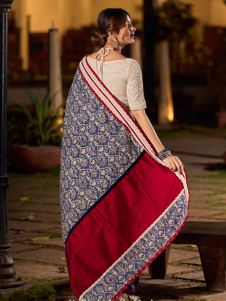 Navy Floral Printed Cotton Saree with Contrasting Pallu