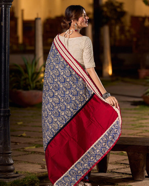 Navy Floral Printed Cotton Saree with Contrasting Pallu