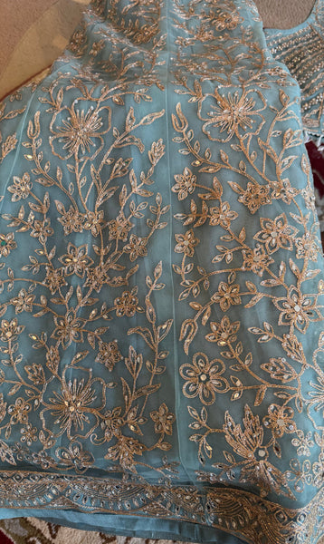 Sky Blue and Silver Embroidered Net Lehenga