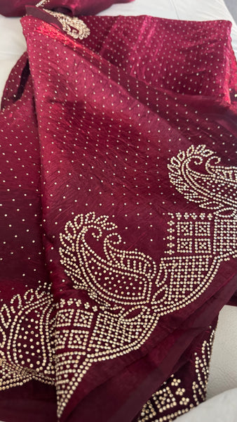 Deep Maroon Silk Crepe All-Over Stone Embellished Saree