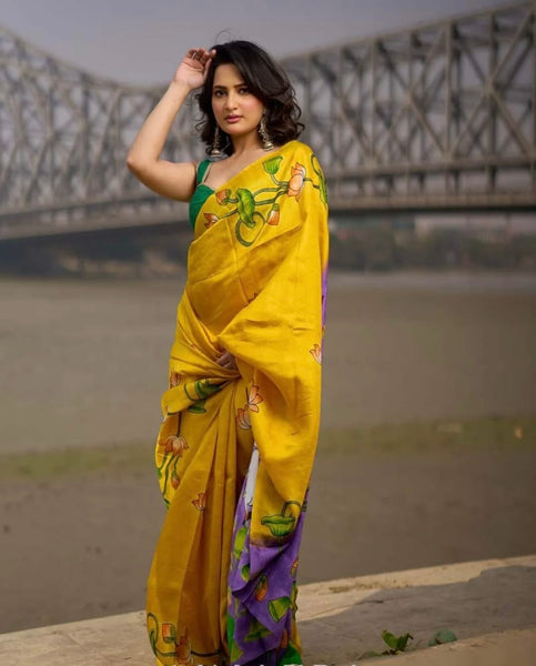 Mustard & Purple Bishnupuri Silk Saree with Handcrafted Floral Motifs