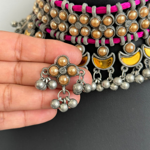 Yellow and Pink Handcrafted Thread Afghani choker set