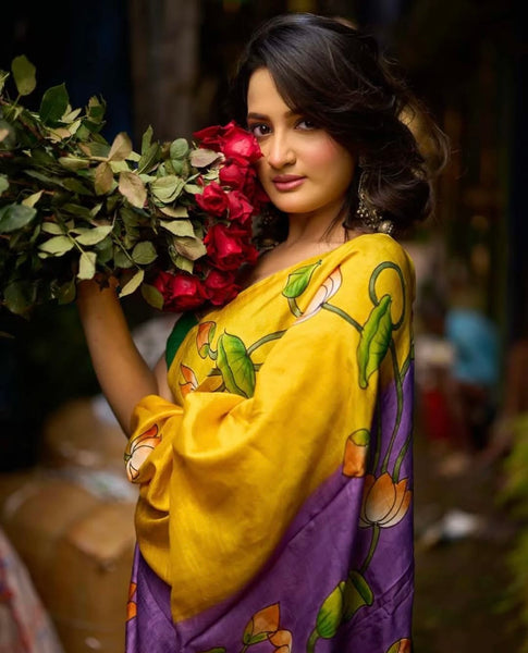 Mustard & Purple Bishnupuri Silk Saree with Handcrafted Floral Motifs