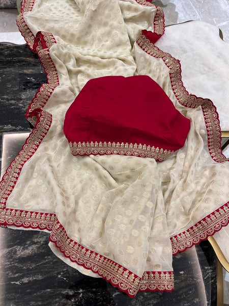 Off-White and Red Georgette Chiffon Zardosi Saree