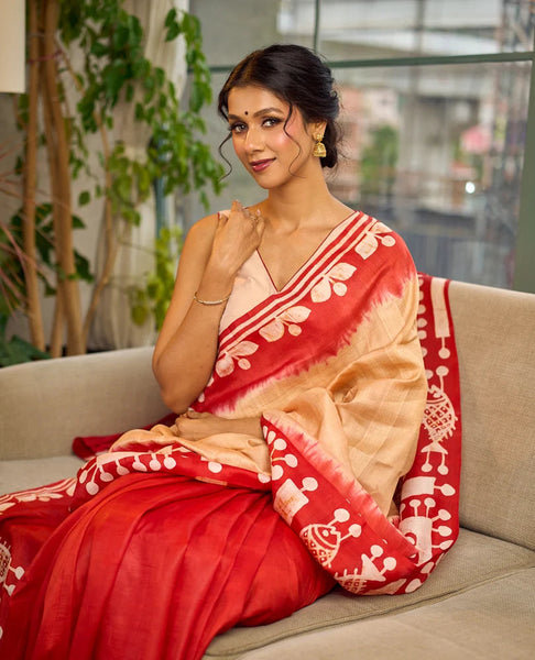 Red Pure Silk Saree with Tan Warli Art Print & Folk Motif Pallu