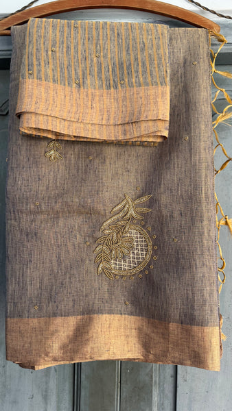Dual Tone Grey Silver Gold Tone Tissue Linen Saree