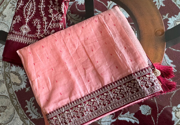 Shade of Peach Pink Handloom Net Silk Saree
