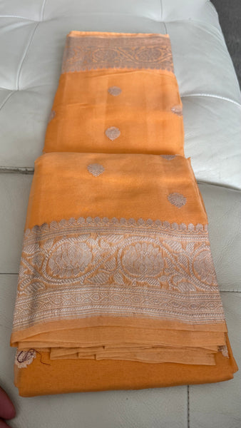 Peach Orangish and Silver Pure Handwoven Khaddi Banarasi Chiffon Georgette Saree