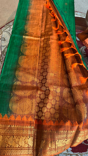 Green and Orange Pure Handloom Raw Gadwal Silk Saree