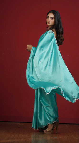 Turquoise Blue Satin Silk Saree