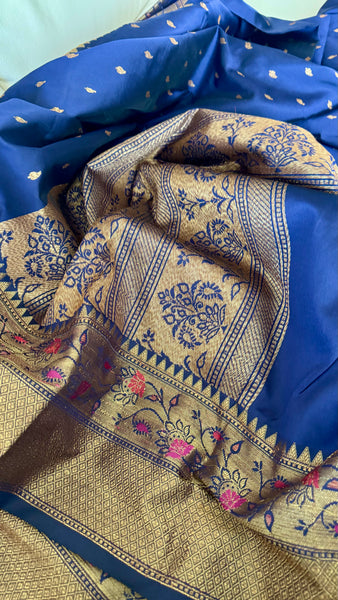 Deep Blue and Gold Handloom Silk Saree with Floral Border