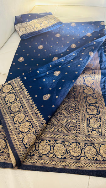 Navy Blue and Gold Pure Tussar Crepe Silk Saree