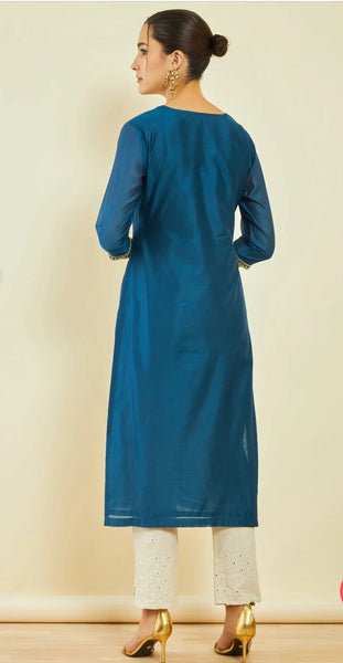 Blue Chanderi Floral Embroidered Straight Kurta with Sequin Details