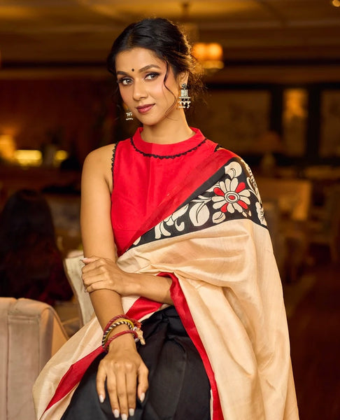 Black Pure Silk Saree with Red & Ivory Kalamkari Floral Border