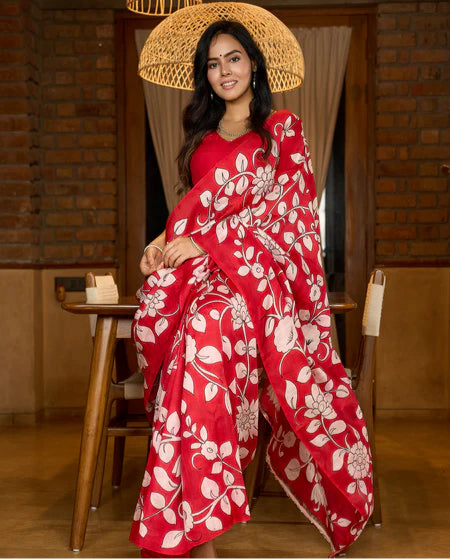 PURE SILK SAREE FEATURING TIMELESS KALAMKARI FLORAL ARTWORK