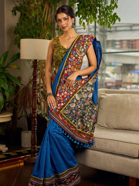 Blue Cotton Saree with Gond Painting & Multicolor Ikat & Kalamkari Border