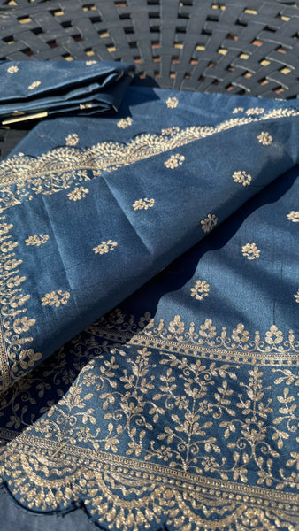 Royal Blue and Gold Tussar Silk Saree with Zari Butta's