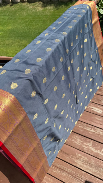 Midnight Navy Blue Grey Blended Silk Saree with Antique Gold Zari Border & Red Contrast Accents