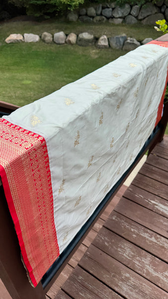 Off White and Red Soft Silk Saree with Readmade Blouse