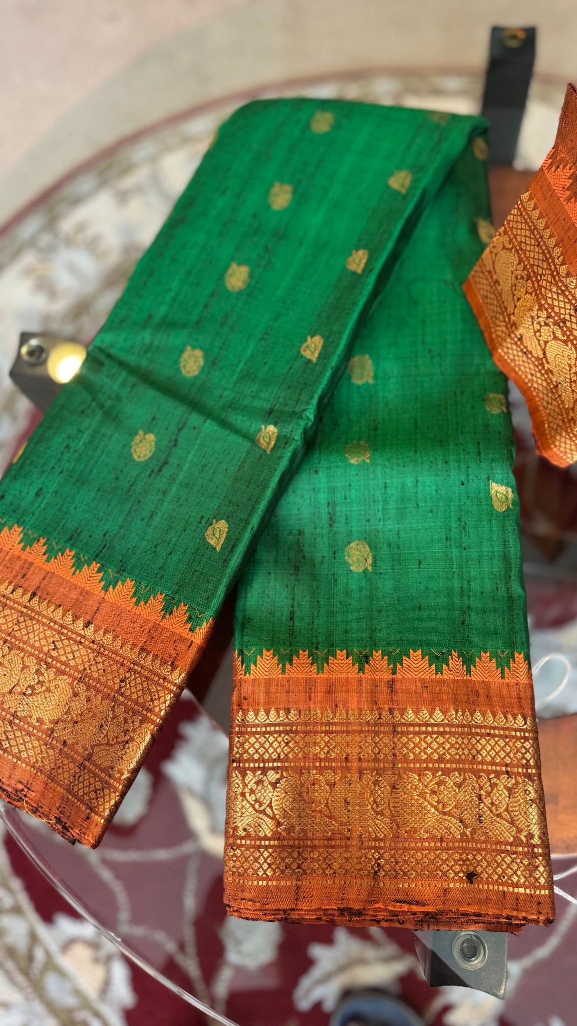 Green and Orange Pure Handloom Raw Gadwal Silk Saree