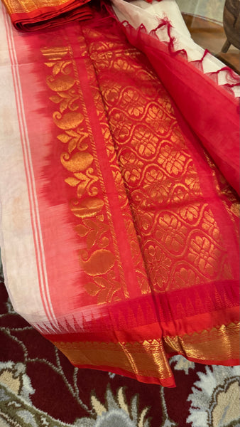 White and Red Cotton Gadwal Saree