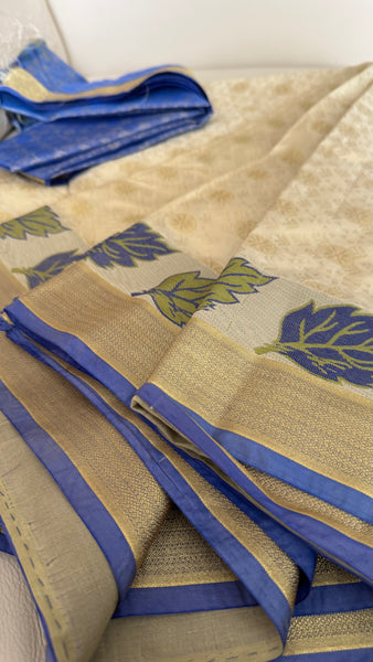Blended Off White Floral Silk Saree with Blue