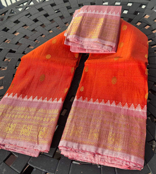 Rust Orange and Baby Pink Pure Silk Handloom Gadwal Saree