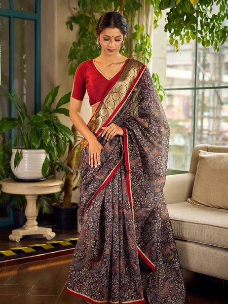 Dark Grey All-Over Kalamkari Floral Chanderi Saree with Gold Woven Zari Border & Maroon Hem Accent