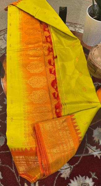 Greenish Yellow and Orange Pure Silk Handloom Gadwal Saree