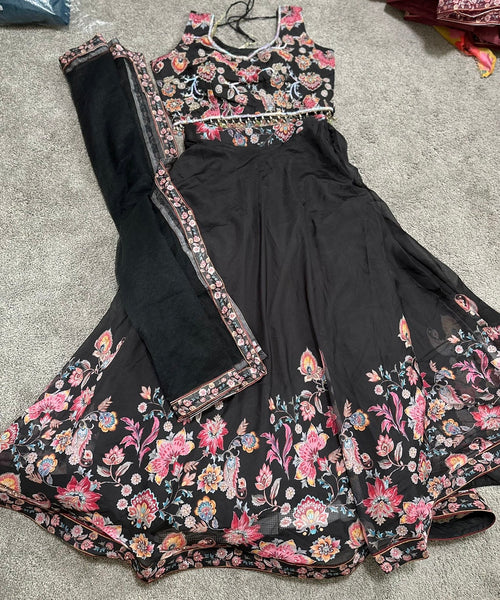 Black Floral Embroidered Lehenga in Georgette