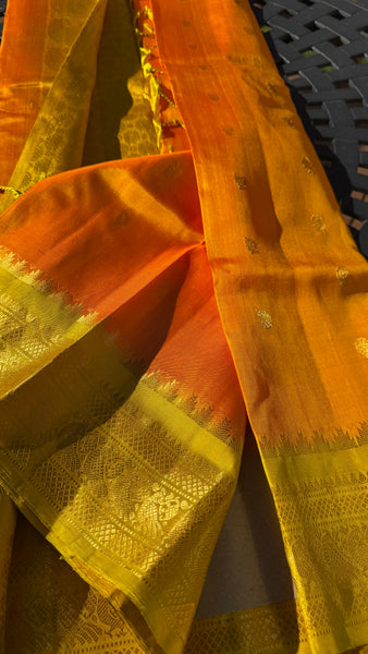 Iridescent Orange and Yellowish Lime Pure Silk Handloom Gadwal Saree