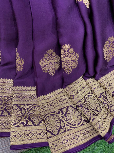 Pure Purple and Gold Satin Silk Saree with Woven Border