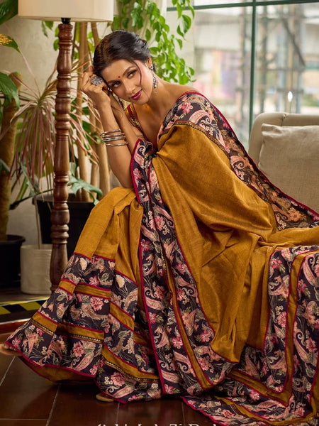 Mustard Kalamkari Print Chanderi Saree with Navy Blue Indigo Border