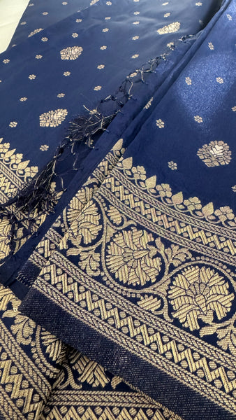 Navy Blue and Gold Pure Tussar Crepe Silk Saree